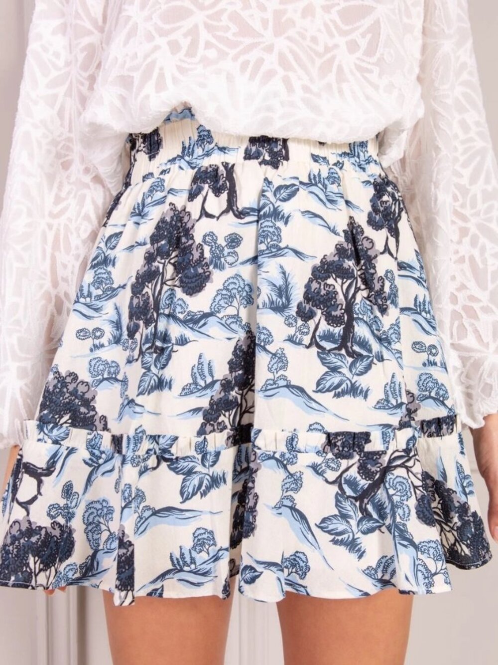 SENLIS Blue and White Rolling Hill Valerie Tiered Mini‎ Skirt Size S